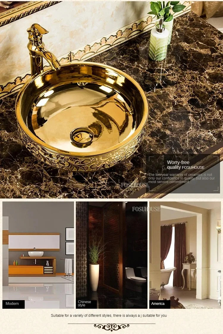 A17 Éviers de Salle de Bain de Luxe Dorés Céramique Maison Lavabo Créatif Toilettes Rondes Au-dessus du Comptoir Simple Salle de Bain Accesoire