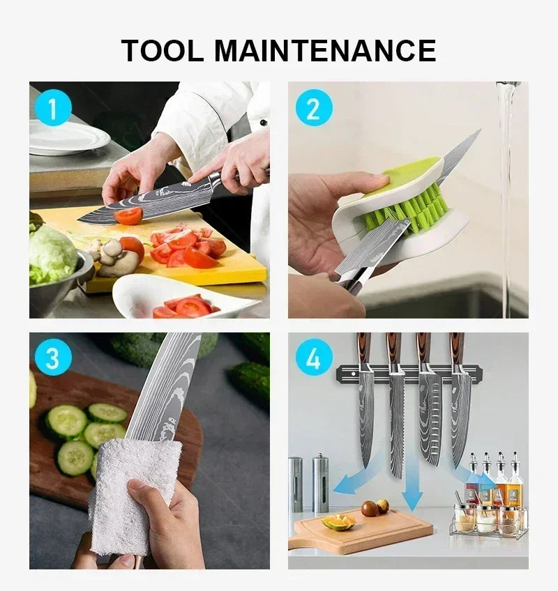 Couteau de Chef Damas Ensemble de Couteaux de Cuisine Professionnels Couteau à Désosser Couteau de Boucher Couteau Utilitaire Couteau Santoku Japonais avec Housse