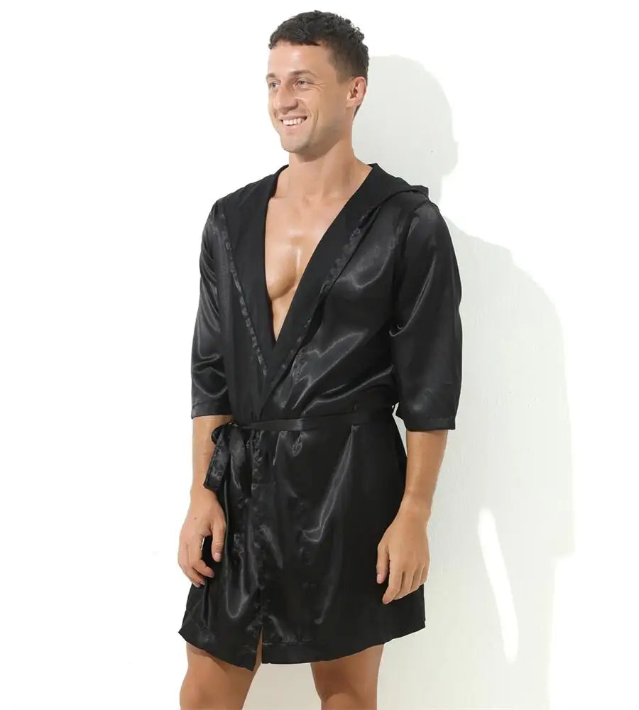 Sexy Nachtwäsche Herren Bademäntel Weich Seidig Kurzarm-Nachthemd Herren Hauskleidung Morgenmantel Herren Schlafanzug (Ohne Shorts)