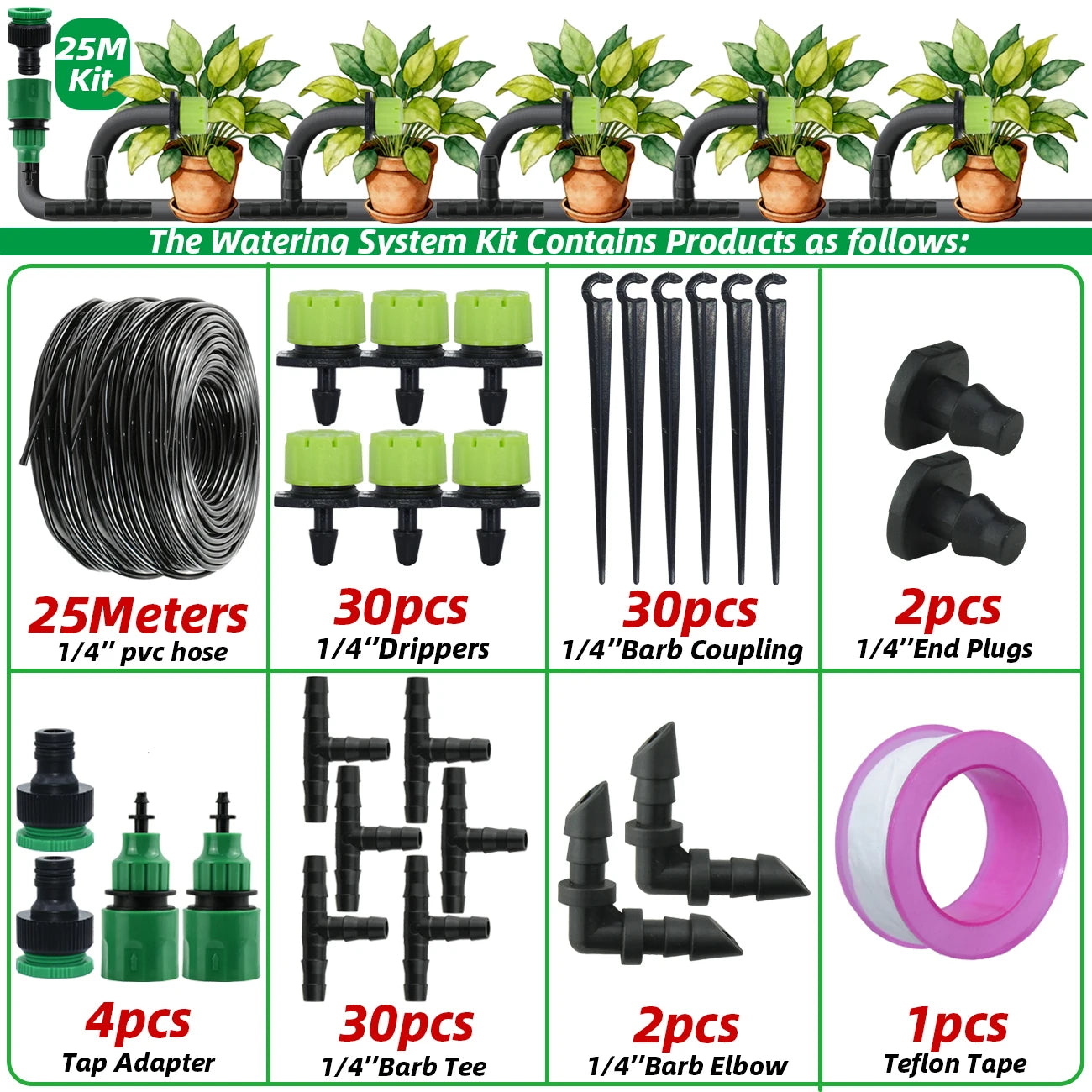 Kit d'irrigation goutte à goutte pour jardin 5-30M Tuyau 1/4'' Système d'arrosage automatique Économie d'eau portable réglable pour plantes et fleurs de serre