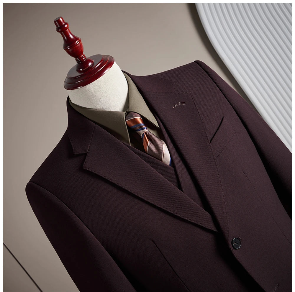 Ensemble de costume trois pièces en laine haut de gamme pour homme, élégant et décontracté, de couleur unie, idéal pour banquets et mariages.