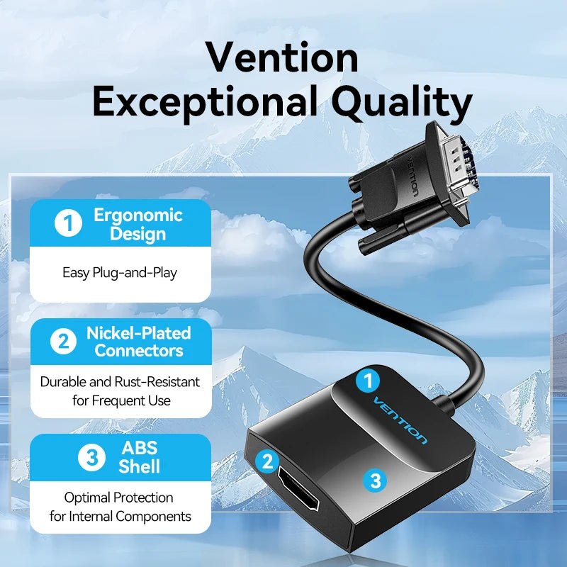 Vention Adaptateur VGA vers HDMI 1080P Convertisseur Mâle VGA vers Femelle HDMI avec Câble Audio et Alimentation USB pour PS4/3 HDTV Convertisseur VGA HDMI