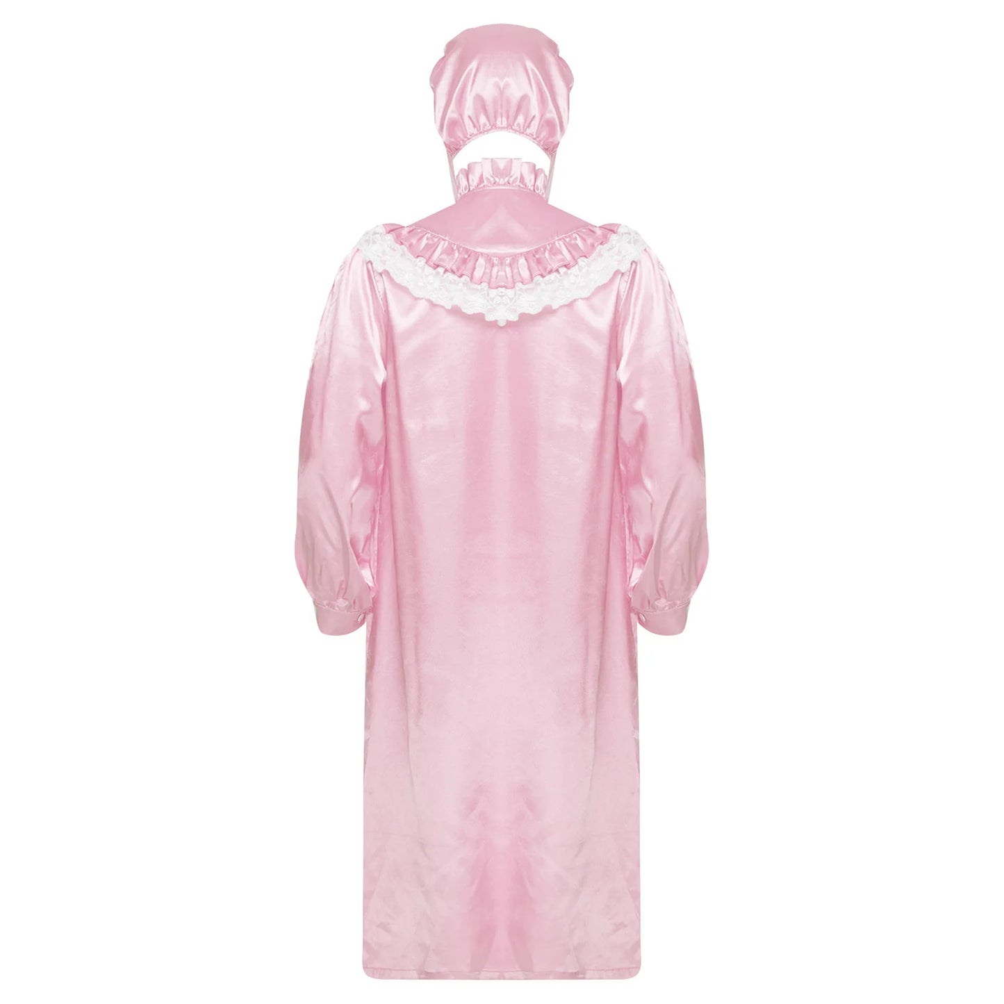 Pyjama homme à volants et dentelle, nuisette victorienne Sissy avec chapeau, robe de nuit satinée à manches longues et fermeture éclair sur le devant