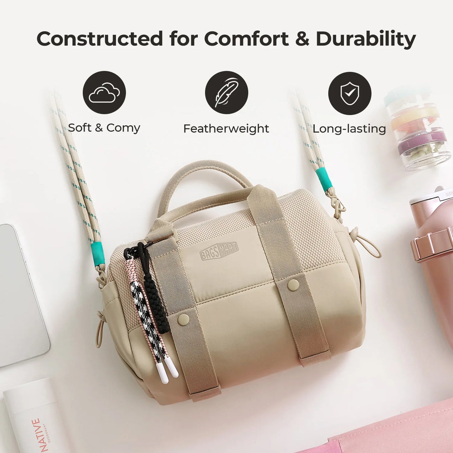 BAGSMART Boston Tasche für Damen, Mini-Reisetasche, Umhängetasche, wasserdicht, mit Nassfach, für Fitnessstudio, Reisen, Alltag, Strand, Wochenendausflug