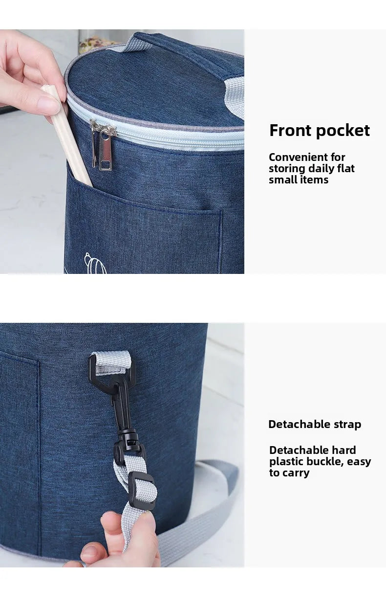 Große runde Thermische Lunchtasche Verdickte Aluminiumfolie Isolierte Bento-Tasche mit Reisbehälter Wärmetasche Mahlzeitenbeutel Oxford T...