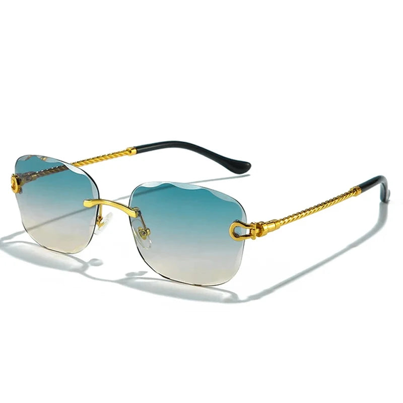HBK Rahmenlose Metall Sonnenbrille Herren Wellenform geschnitten Sonnenbrille für Damen Reise Shopping Brille UV400 Sommer Stil