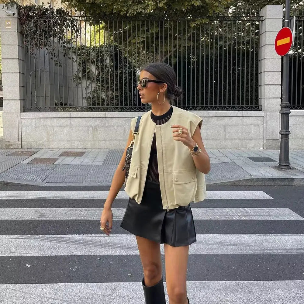 DUOPERI Damen Mode Lockere Ärmellose Weste O-Ausschnitt Weibliche Schicke Freizeit-Oberteile Tank-Top