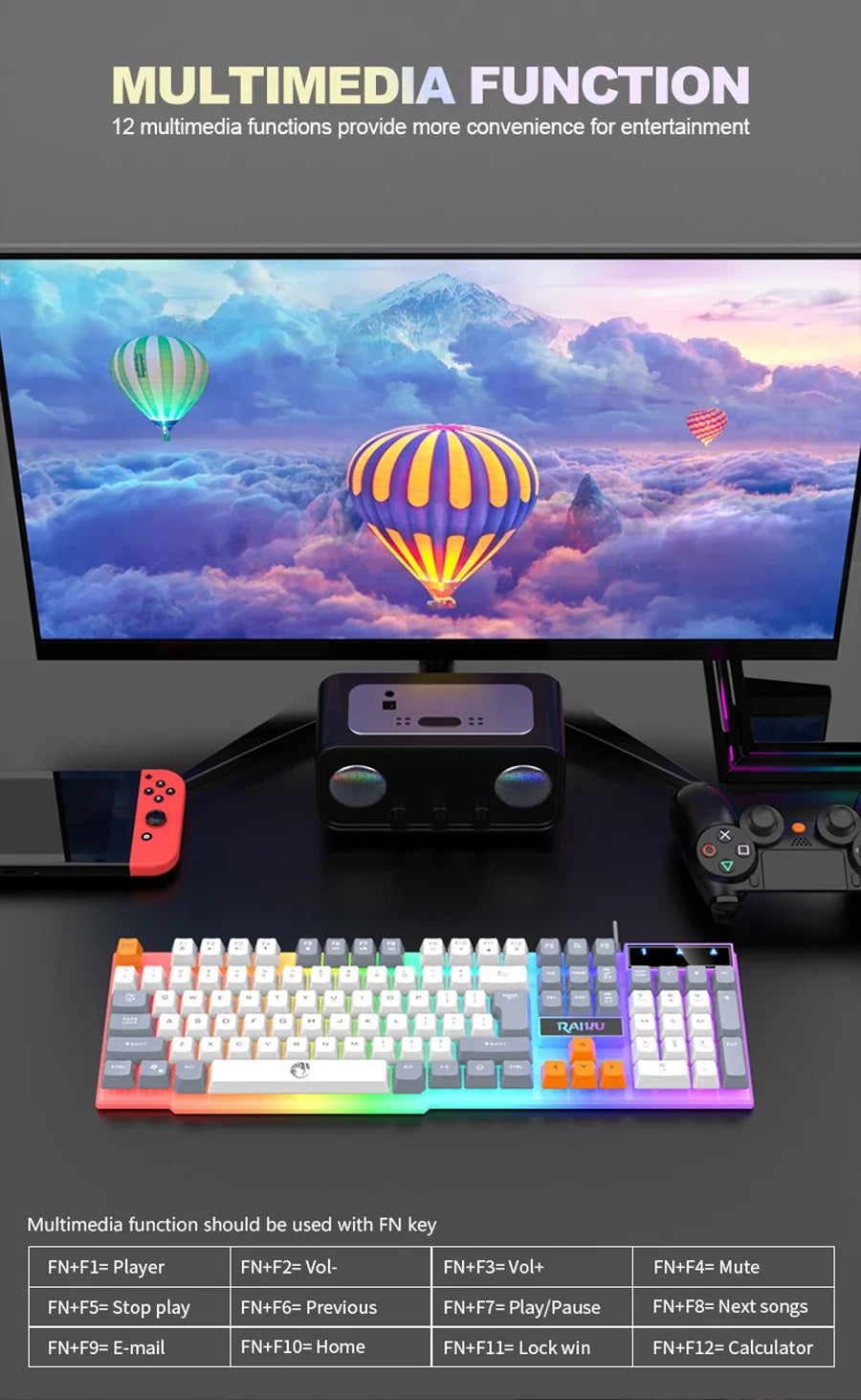 Clavier unique et souris de clavier RAIKU T26 Souris de clavier lumineuse trois tons Clavier de jeu tactile mécanique filaire