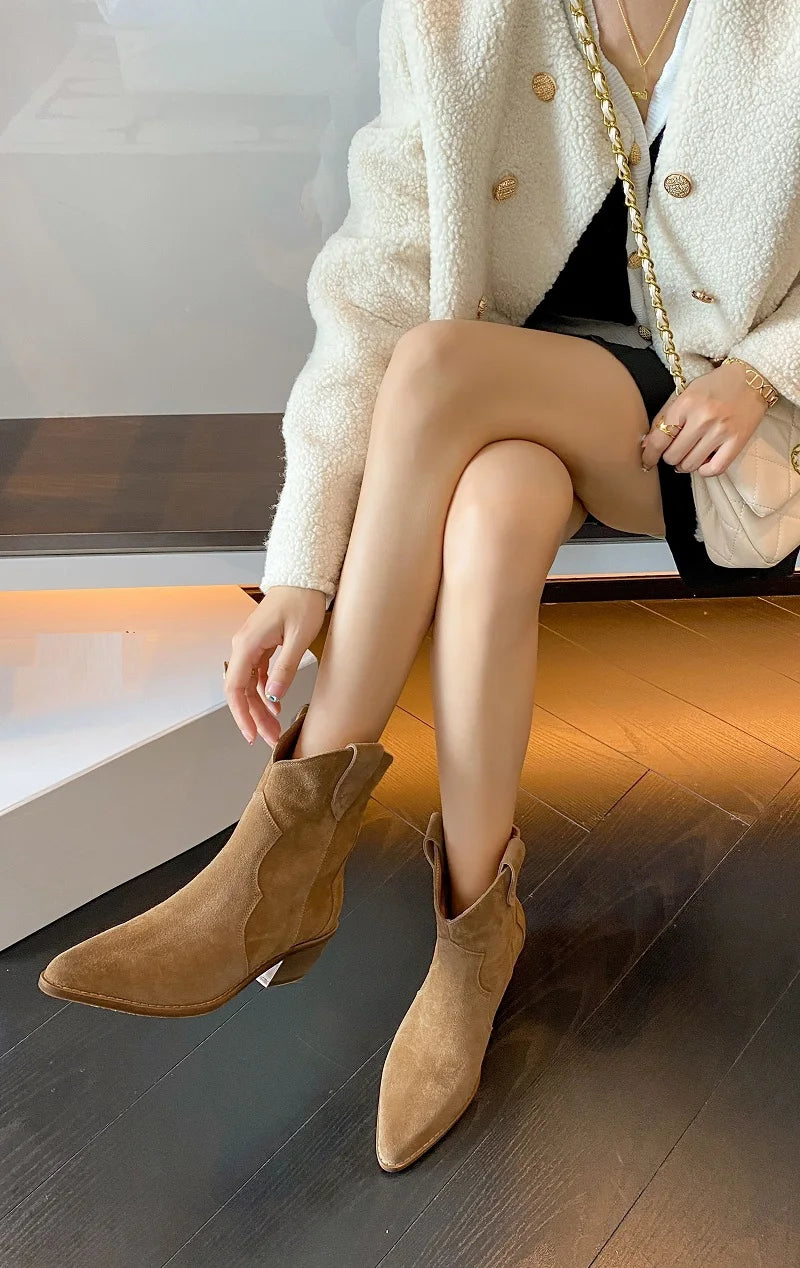 Bottes Chelsea pour femme en suède de vache à bout pointu et talon épais, bottines cousues, chaussures d'hiver, bottes western pour femme, printemps automne