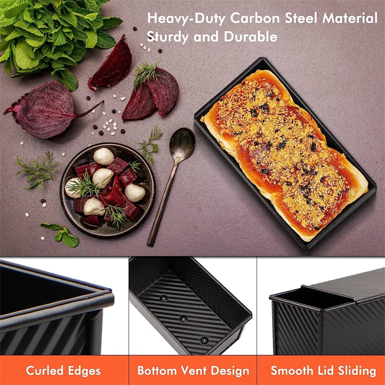 LMETJMA Pullman Loaf Pan with Lid 1 lb Non-Stick Bread Pan Carbon Steel Rectangle Corrugated Toast Box Mold Cake Mold JT157