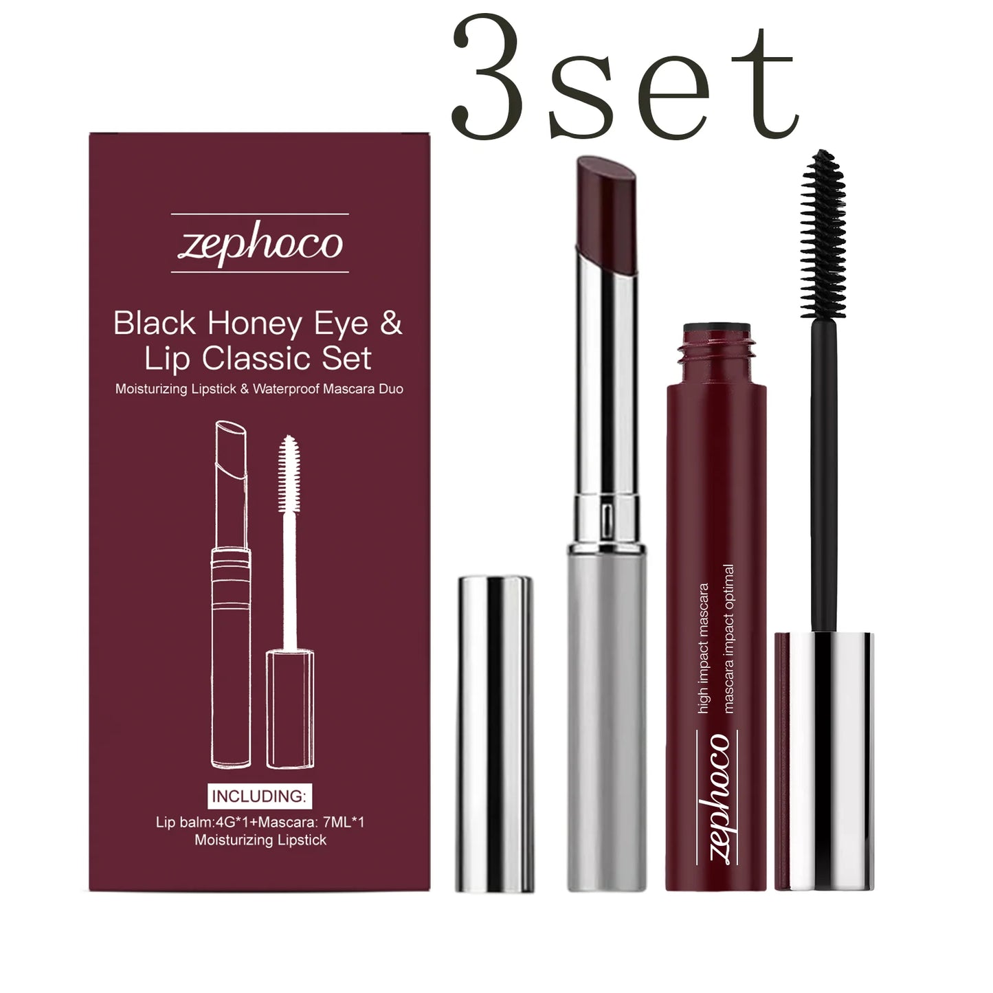 Black Honey Iconic Eye & Lip Makeup Set - Black Volumizing Mascara + Hydrating Shine Lipstick, Lash Curling Cosmetic Tools