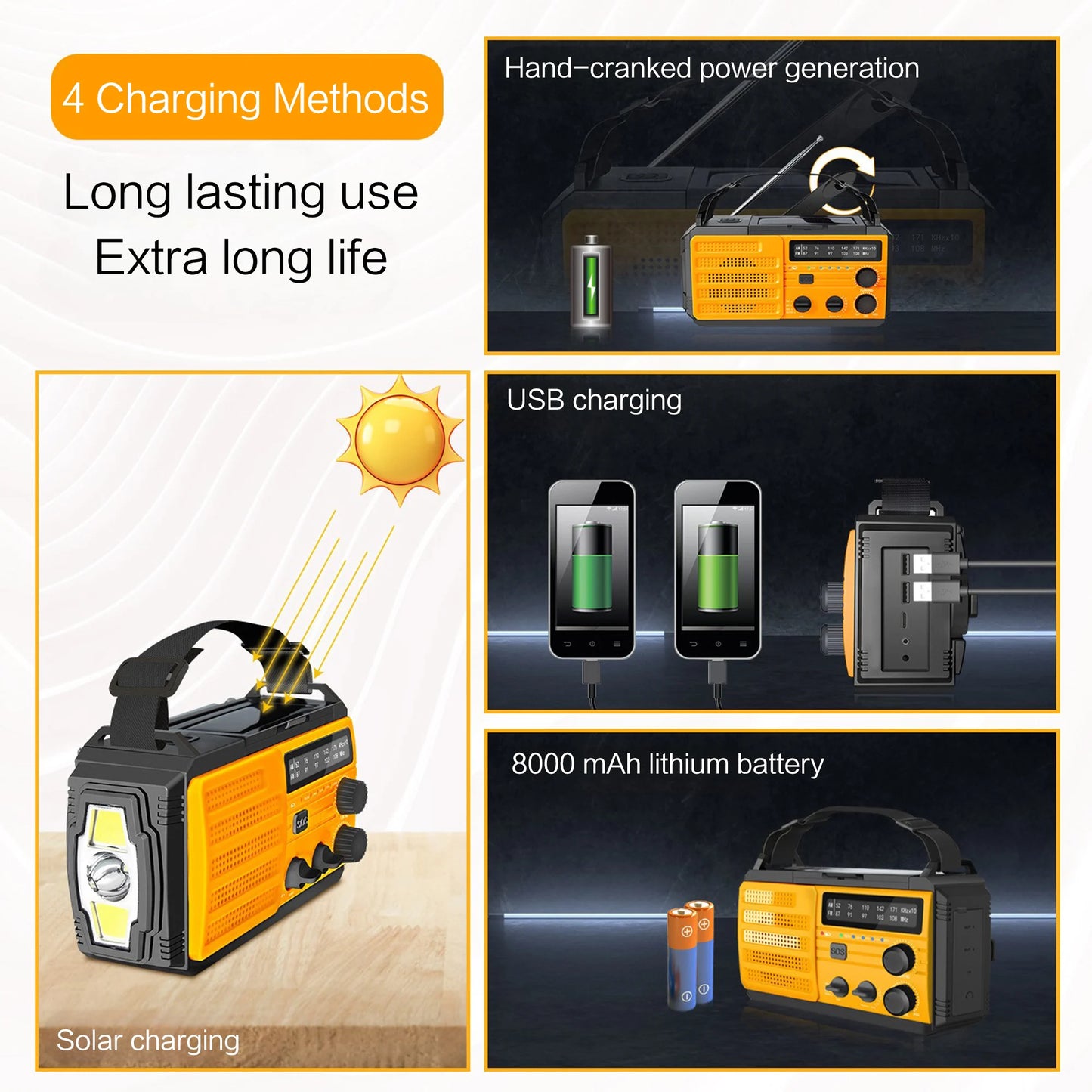 Wetterradio Notfall Multifunktionales Radio FM AM WB Handkurbel Solar USB-Ladefunktion 2000mAh Powerbank LED Taschenlampe