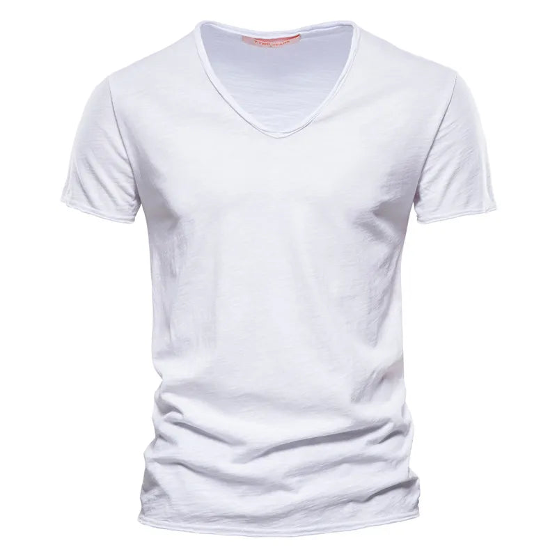 AIOPESON 5 PCS SET 100% COTTON V-neck T-shirts Men Casual Slim Fit Solid Color Summer T Shirt for Men Brand New Quality