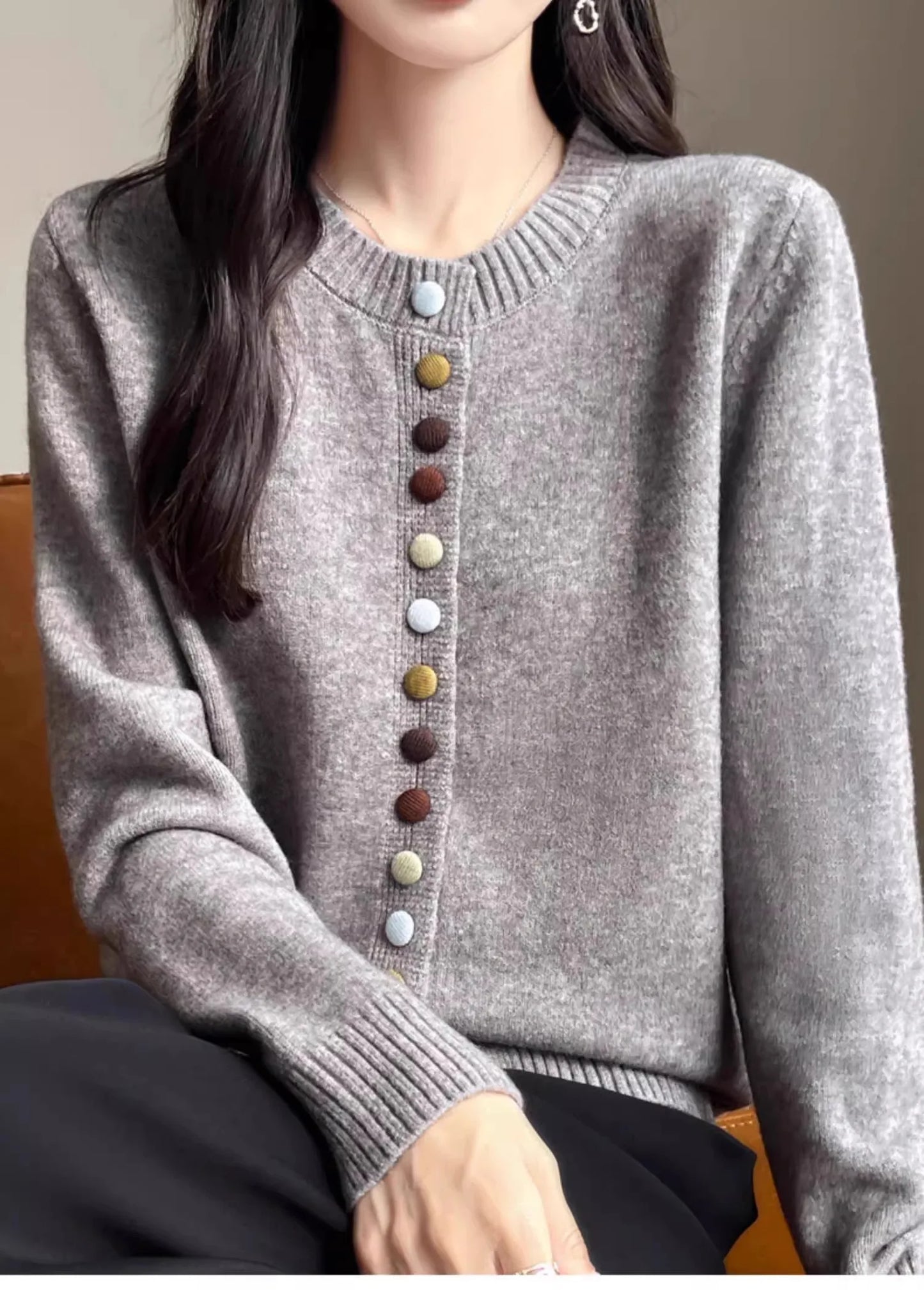Cardigans Femme, Gilet Tricoté Chaud et Épais Boutonné à Col Rond Manches Longues pour l'Automne et l'Hiver, Haut de Chemise de Base