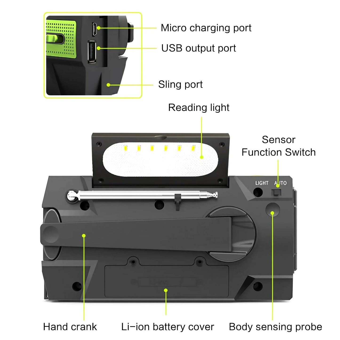 Wetterradio Notfall Multifunktionales Radio FM AM WB Handkurbel Solar USB-Ladefunktion 2000mAh Powerbank LED Taschenlampe