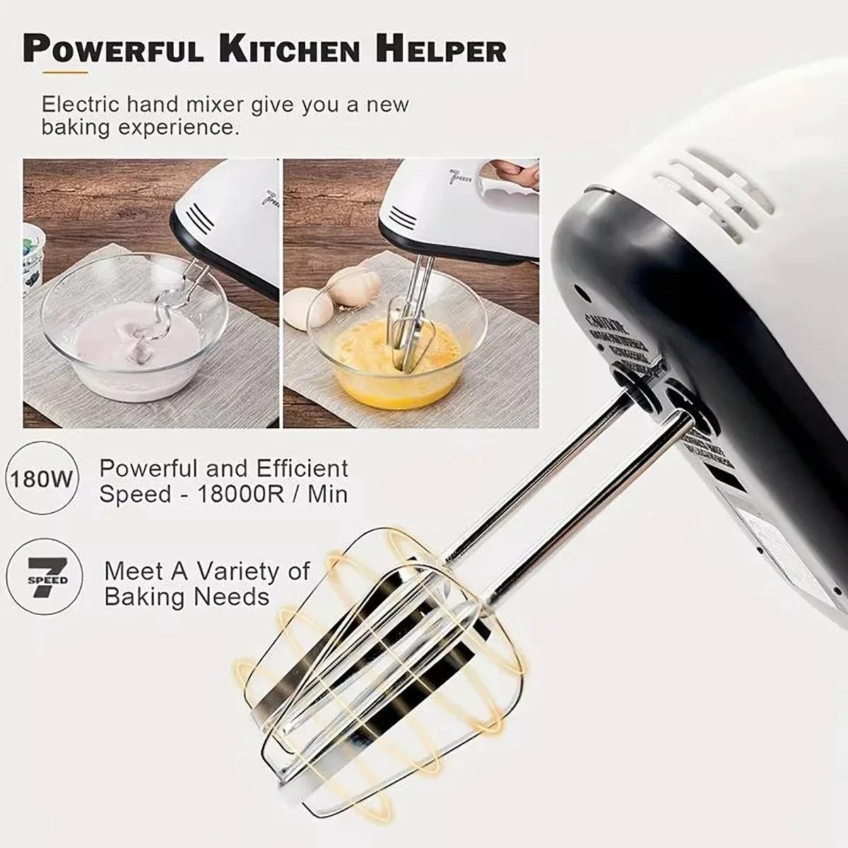 Handgehaltener elektrischer Eierschläger, automatischer Haushaltsmixer, Eiweiß- und Sahneschläger, Mini 7-Gang weiß EU/US-Stecker