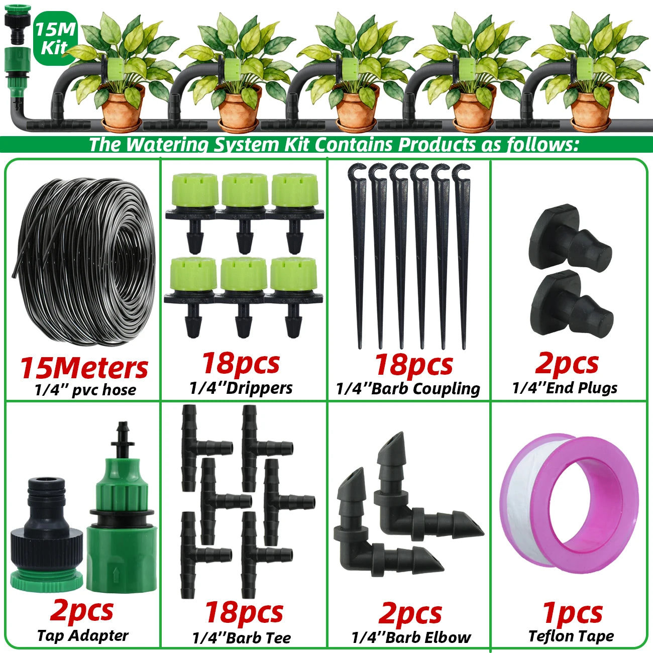 Kit d'irrigation goutte à goutte pour jardin 5-30M Tuyau 1/4'' Système d'arrosage automatique Économie d'eau portable réglable pour plantes et fleurs de serre