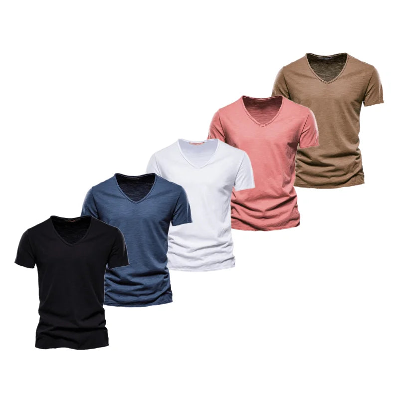 AIOPESON 5 PCS SET 100% COTTON V-neck T-shirts Men Casual Slim Fit Solid Color Summer T Shirt for Men Brand New Quality