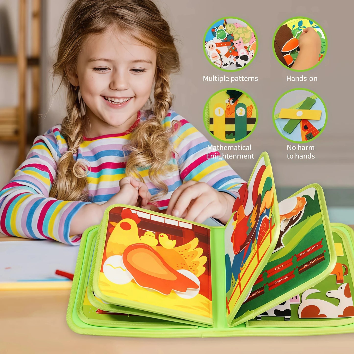 Jouets Montessori Histoire d'Animaux de la Ferme Livre en Tissu d'Activités Jouets d'Apprentissage Préscolaire Motricité Fine Livre en Feutre d'Éducation Précoce pour les Tout-petits