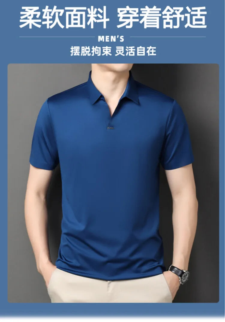 Polo 2024 de haute qualité, extensible et élastique, Chemise à manches courtes pour hommes, style décontracté, Col en V sans coutures, Polo pour hommes M-4XL