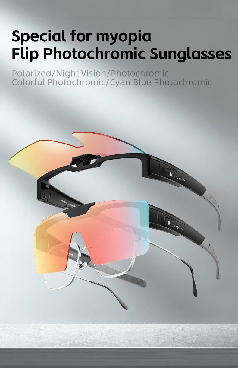 WEST BIKING Lunettes de cyclisme photochromiques Verres relevables Lunettes polarisées à clipser Pare-soleil VTT Vélo de route Lunettes de conduite de nuit