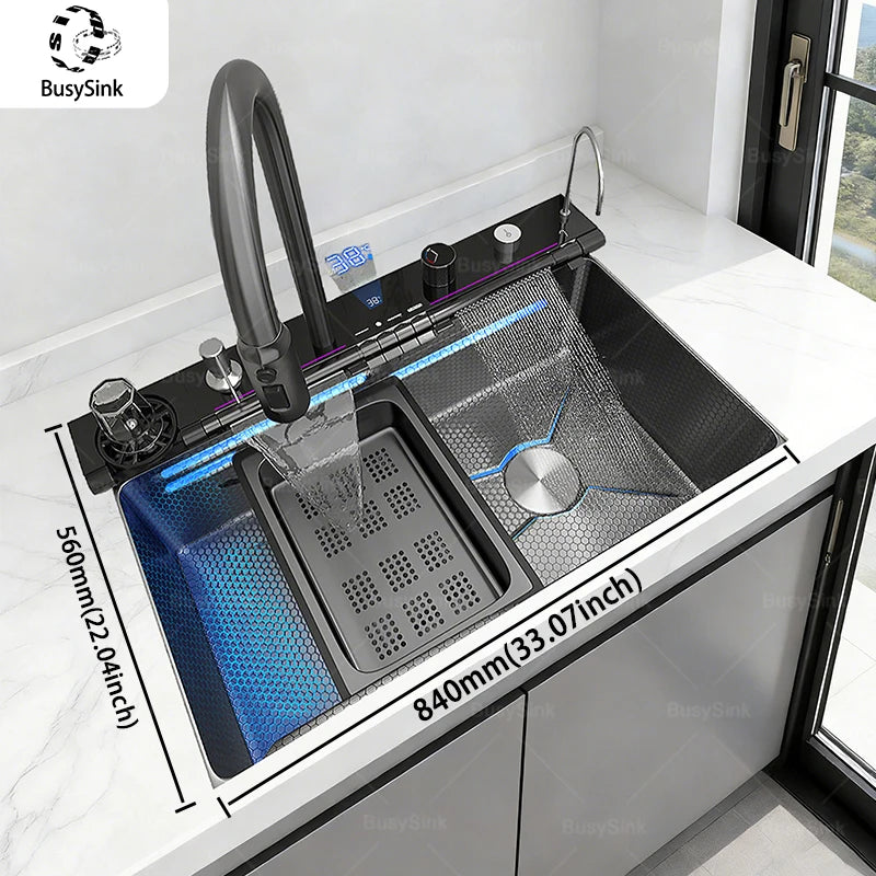 Évier de cuisine multifonction en acier inoxydable avec affichage numérique intelligent, grand bac unique et robinet cascade pour le lavage des légumes