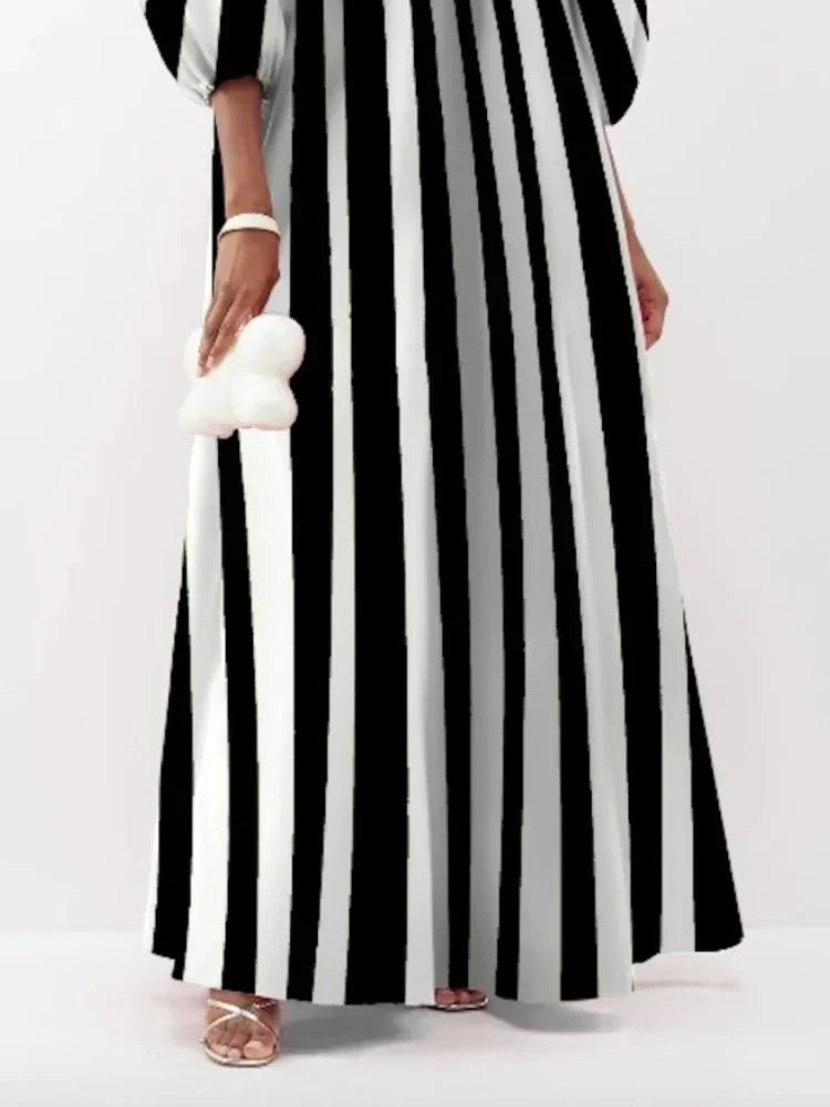 UOOZEE Damen Stylisches gestreiftes Party-Abendkleid 2025 Neues Frühling Herbst Puffärmel Lässiges Ausgeh-Kleid Urban