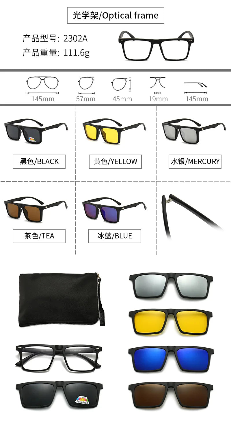 6 In 1 Polarized Sunglasses Men Women Magnetic Clip On Glasses TR90 Optical Prescription Eyeglass Frames Magnet Clips