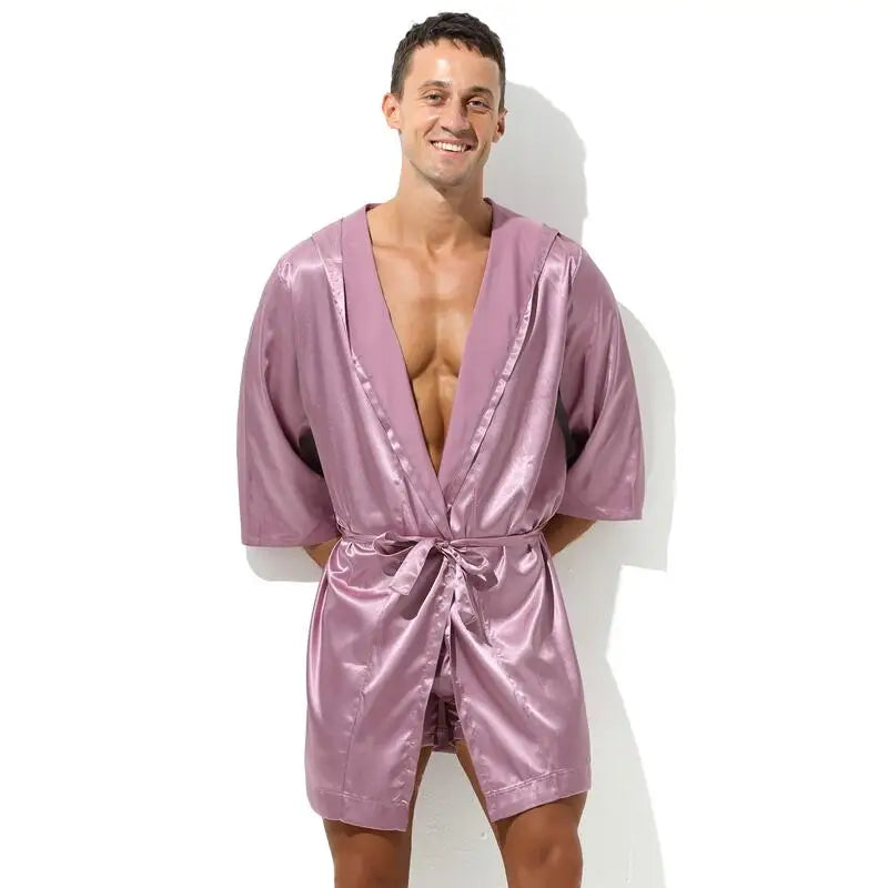 Sexy Nachtwäsche Herren Bademäntel Weich Seidig Kurzarm-Nachthemd Herren Hauskleidung Morgenmantel Herren Schlafanzug (Ohne Shorts)