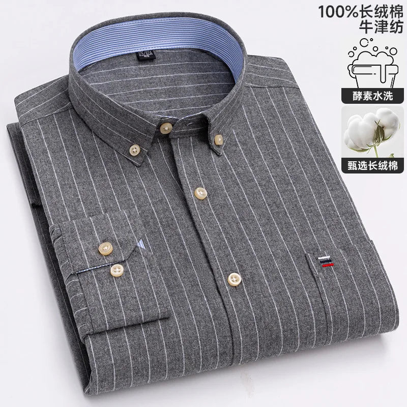 100-220 catties Plus Size Men's Shirt 100% Cotton Long Sleeve Business Casual All Oxford Spinning Plus Size Plaid Shirt