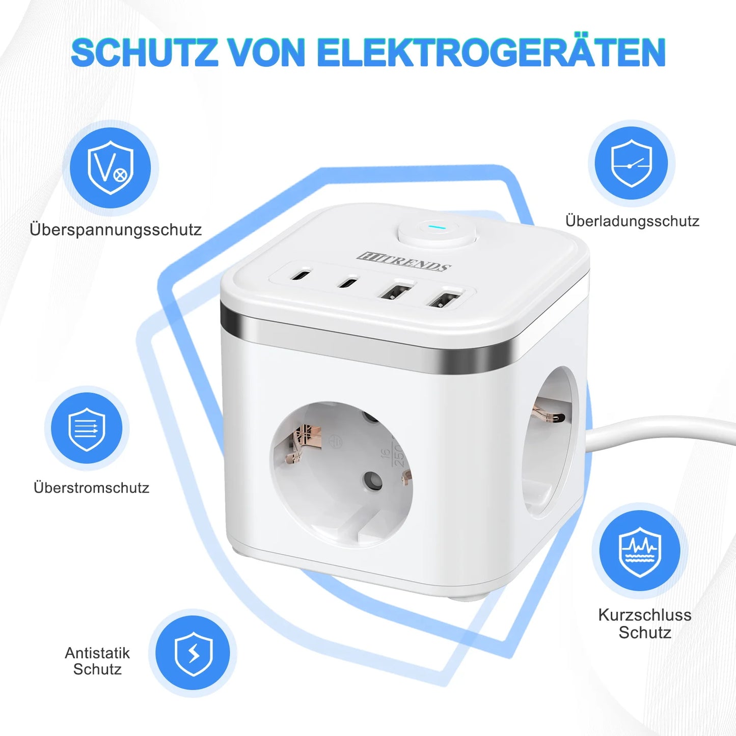 7-in-1 EU Multi-function Power board Ultra-thin flat plug with 3 AC power outlets 2 USB-C and 2 USB-A 2-meter extension cords
