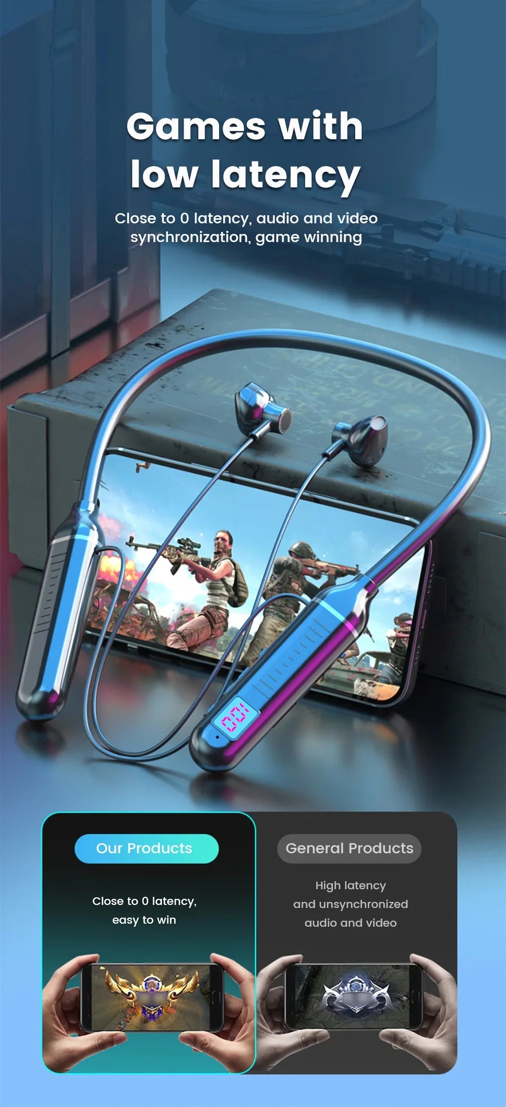 Kabellose Ohrhörer 5.3 Nackenbügel-Kopfhörer Gaming LED-Display Stereo Sport-Headset Halterung Wasserdichte Magnetische Ohrhörer