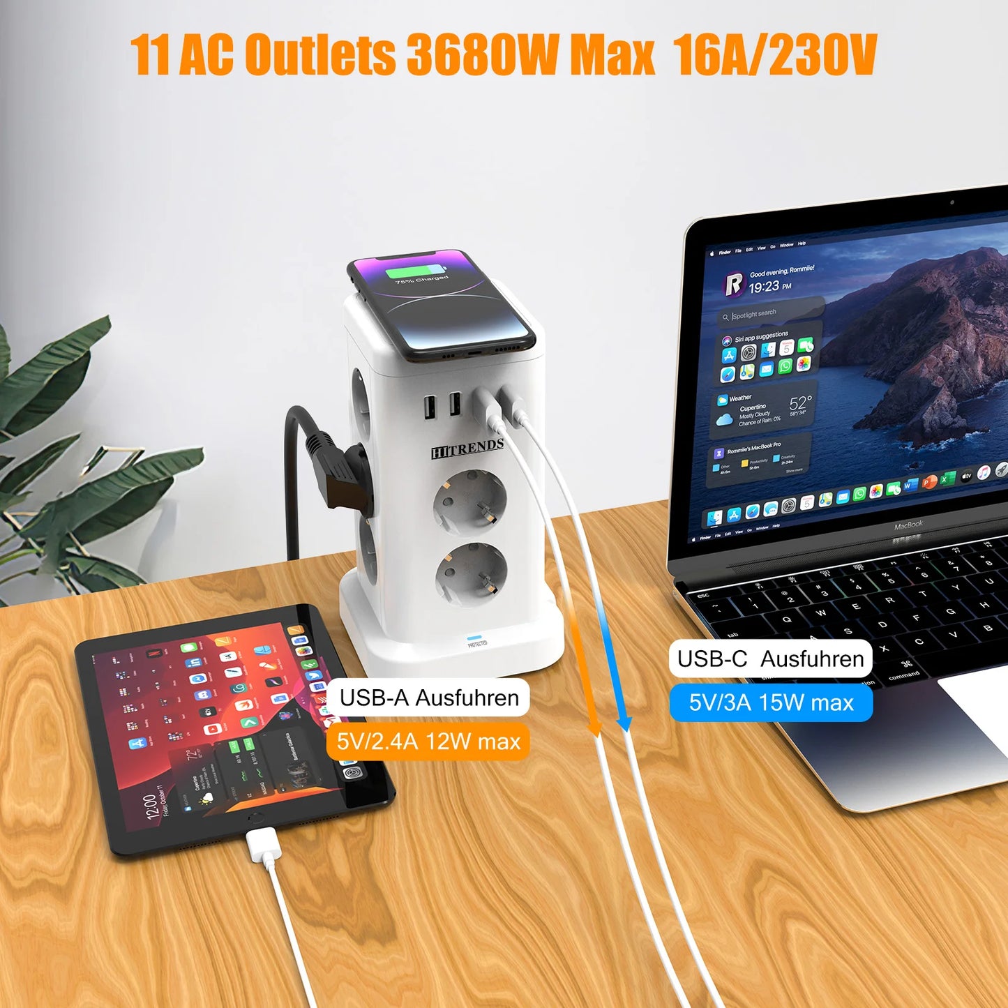 15-in-1 intelligente Steckdosenleiste kabelloses Schnellladen 3680W 3USB-A und 1USB-C 2 Meter Verlängerungskabel Hauptschalter