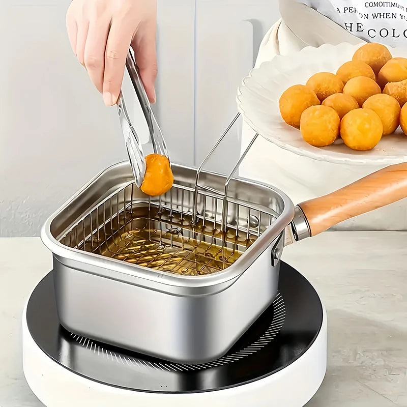 Edelstahlfritteuse für Pommes Frites und Hähnchenflügel, Induktion/Herd-kompatibler Topf, Haushalts-Kleinstölkanne mit Filtersieb