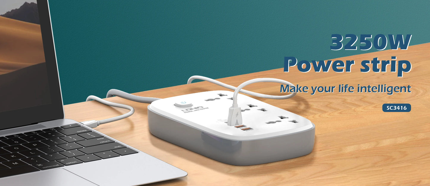 LDNIO 65W Steckdosenleiste mit 3 Universalsteckdosen 4 USB-Anschlüssen, Steckdose mit 2M dickem Verlängerungskabel Überspannungsschutz SC3416