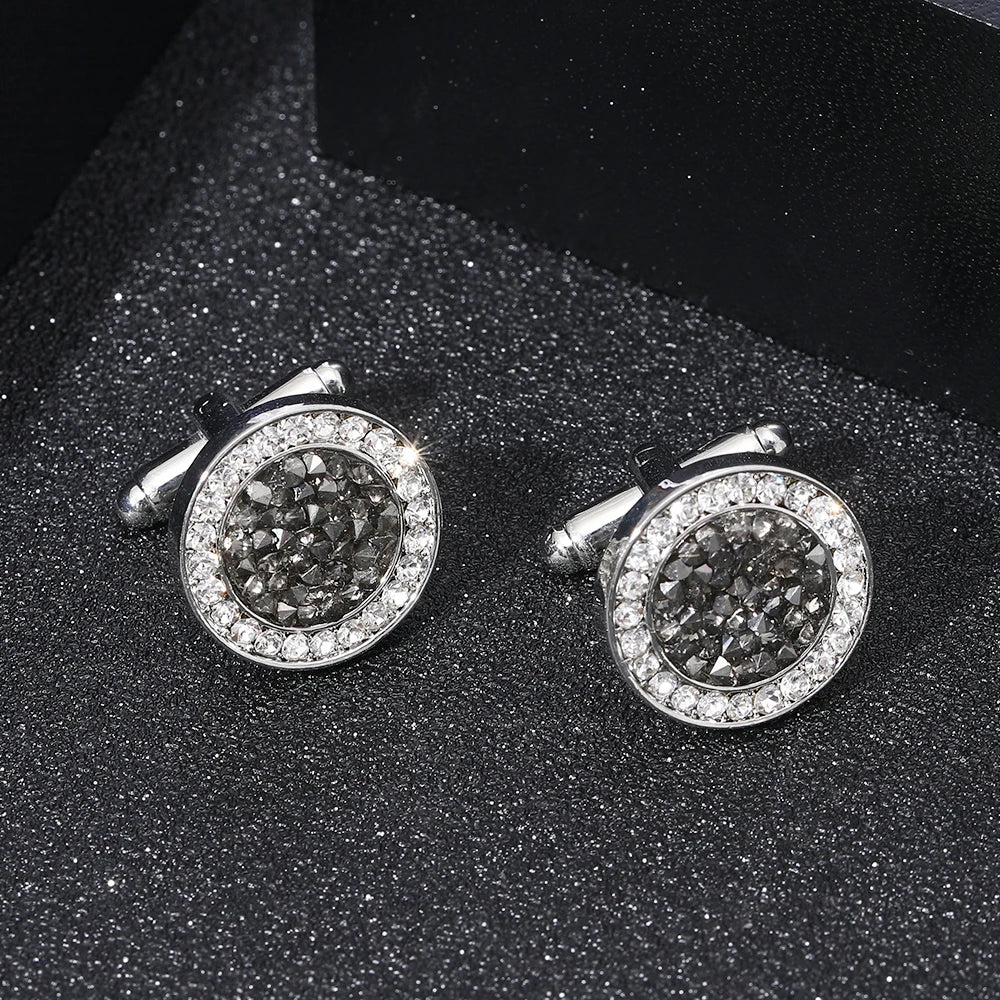 Modern Mens Cufflinks Pave Round Crystal Cuff Links Black Blue Rhinestone Color Dust Formal Button Ornaments