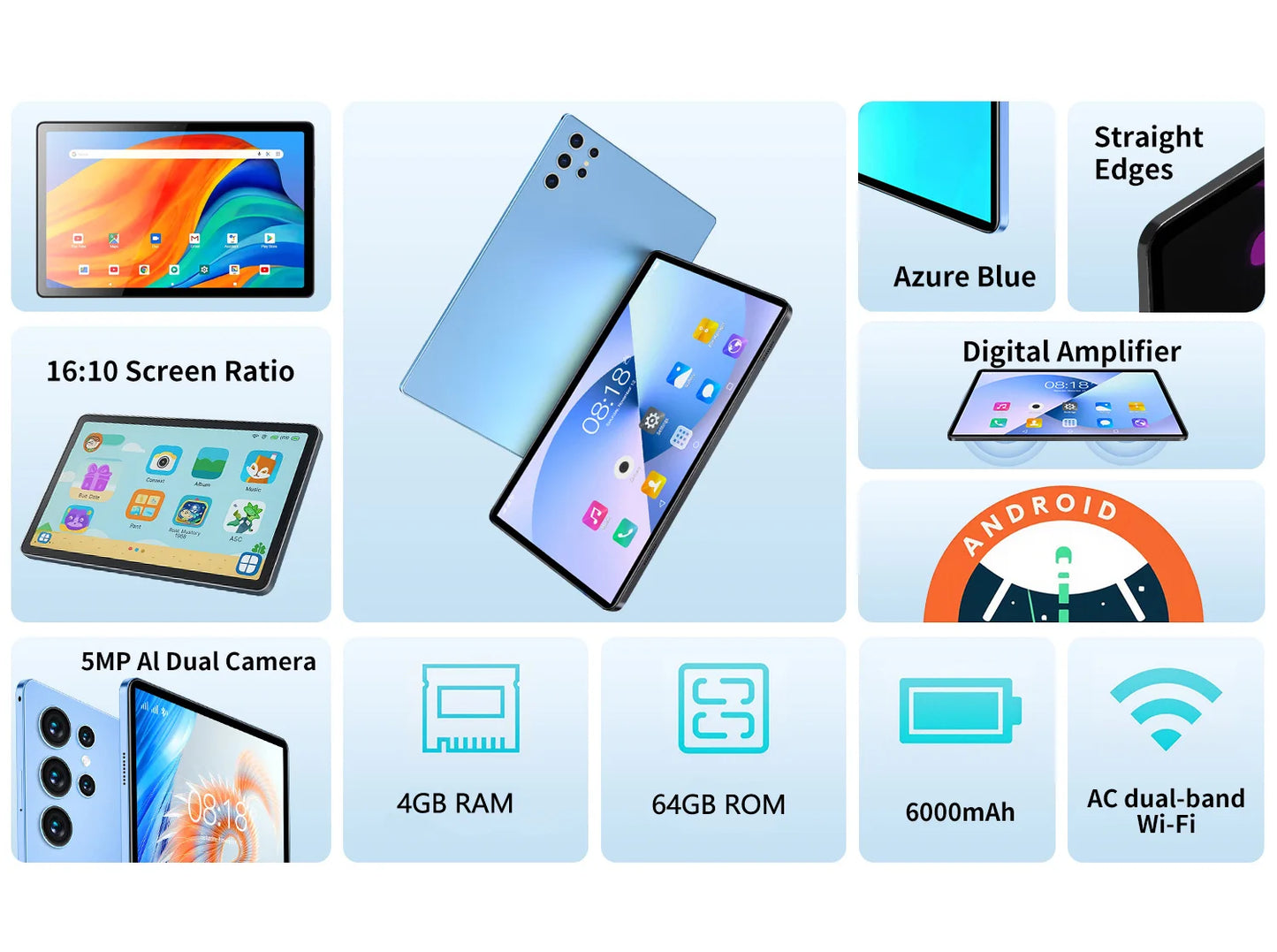 Tablette Android 10,1 pouces 2025, nouvelle version améliorée, écran HD, Octa Core, 4 Go RAM, 64 Go ROM, double appel téléphonique, Wi-Fi, Google Play Tablet PC
