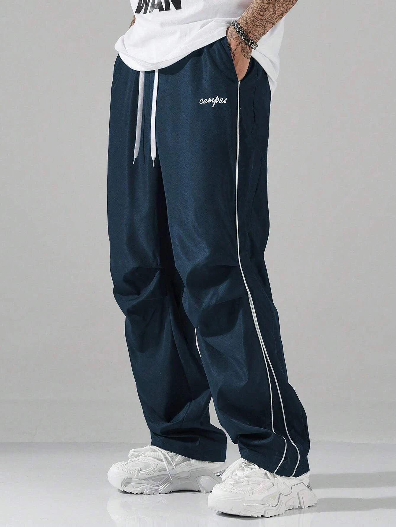 Larbulse Herren-Hosen mit Kontrastbesatz, modische Freizeithosen, einfarbig, atmungsaktiv, locker, gerades Bein, Kordelzug, Streetwear
