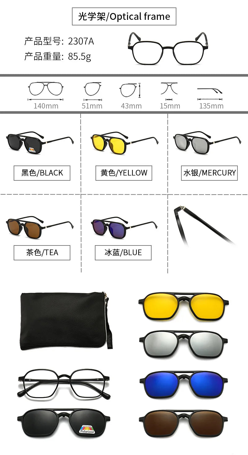 6 In 1 Polarized Sunglasses Men Women Magnetic Clip On Glasses TR90 Optical Prescription Eyeglass Frames Magnet Clips