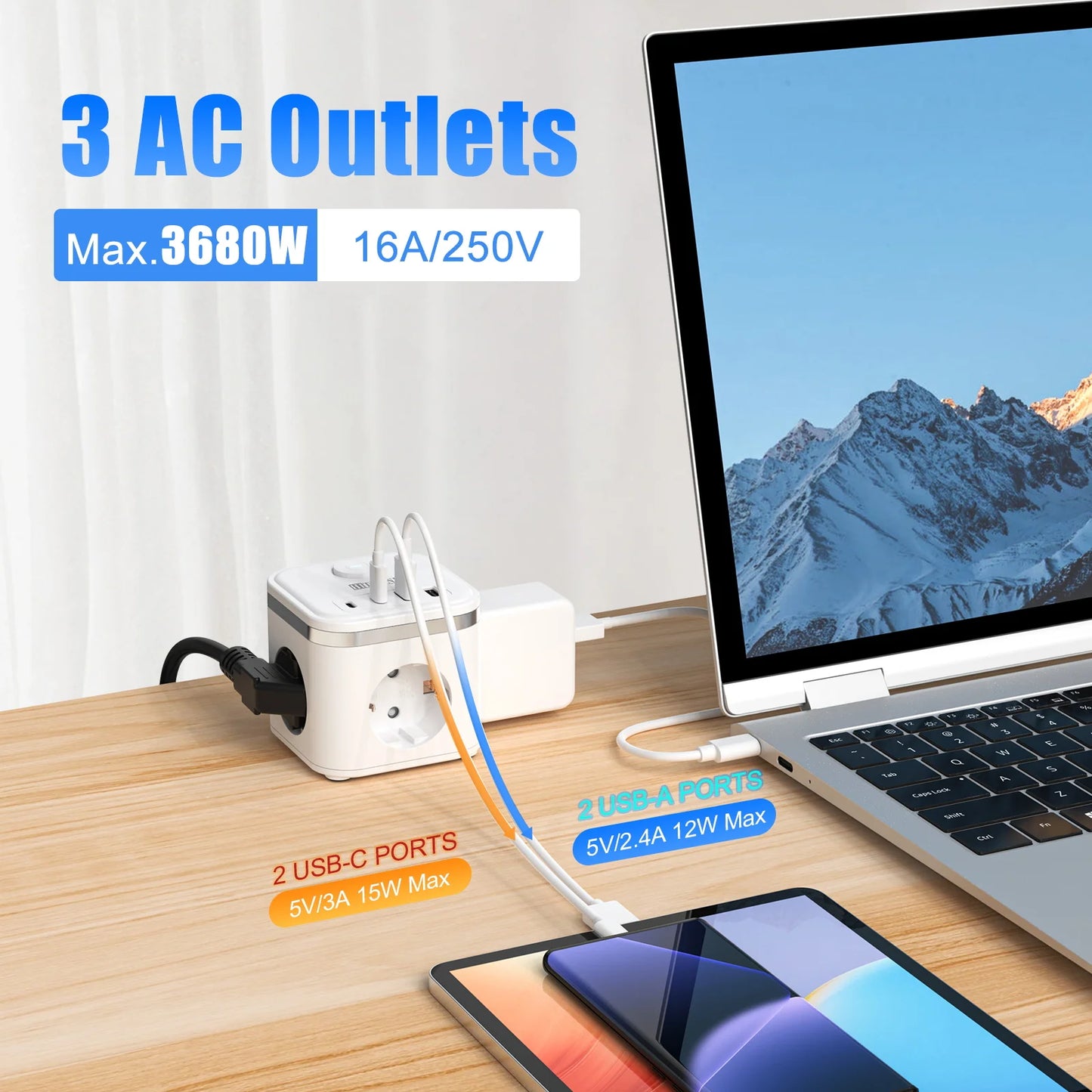 7-in-1 EU Multi-function Power board Ultra-thin flat plug with 3 AC power outlets 2 USB-C and 2 USB-A 2-meter extension cords