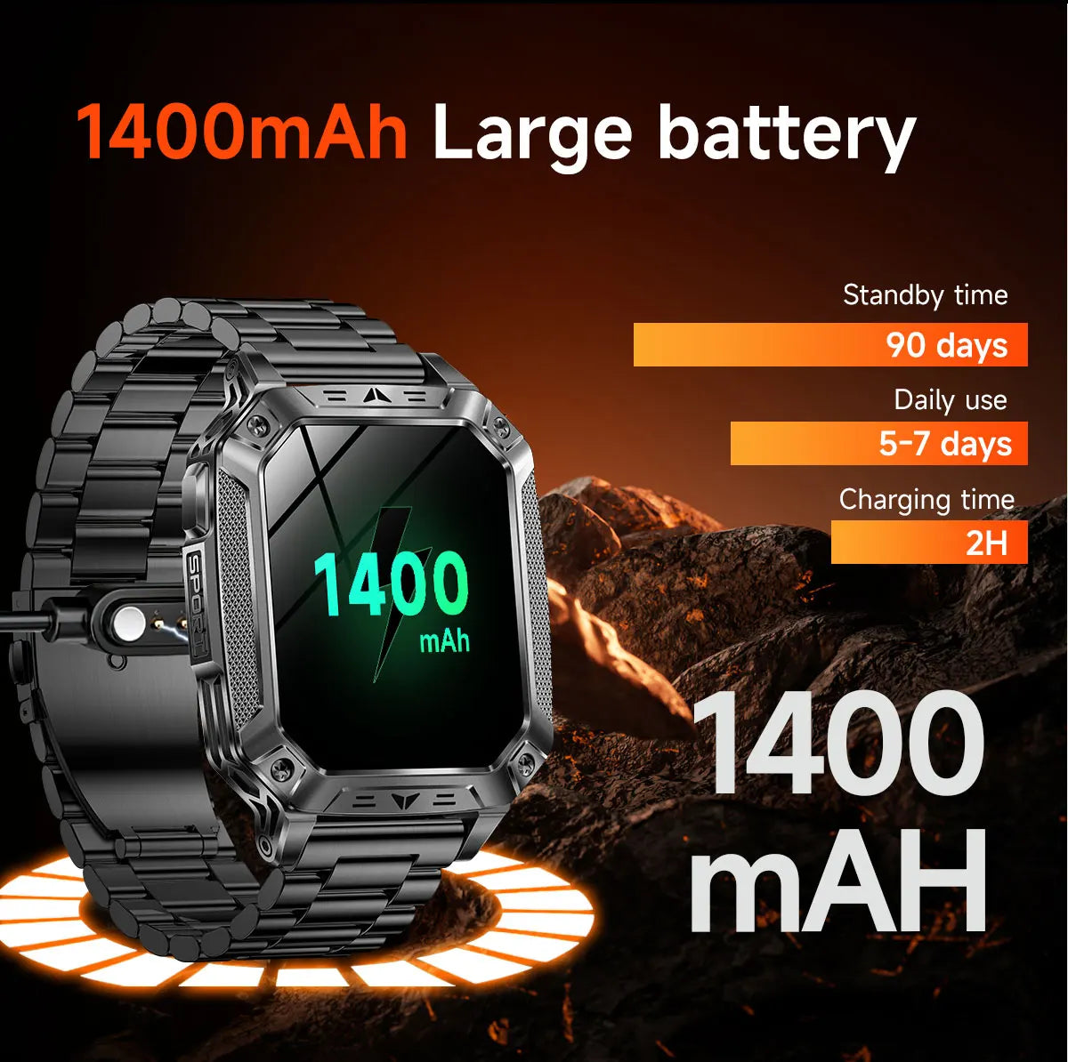 Montre connectée homme 2026 avec batterie ultra-large intégrée de 1400 mAh, GPS extérieur, écran AMOLED de 2,01", étanche 10 ATM, appel BT