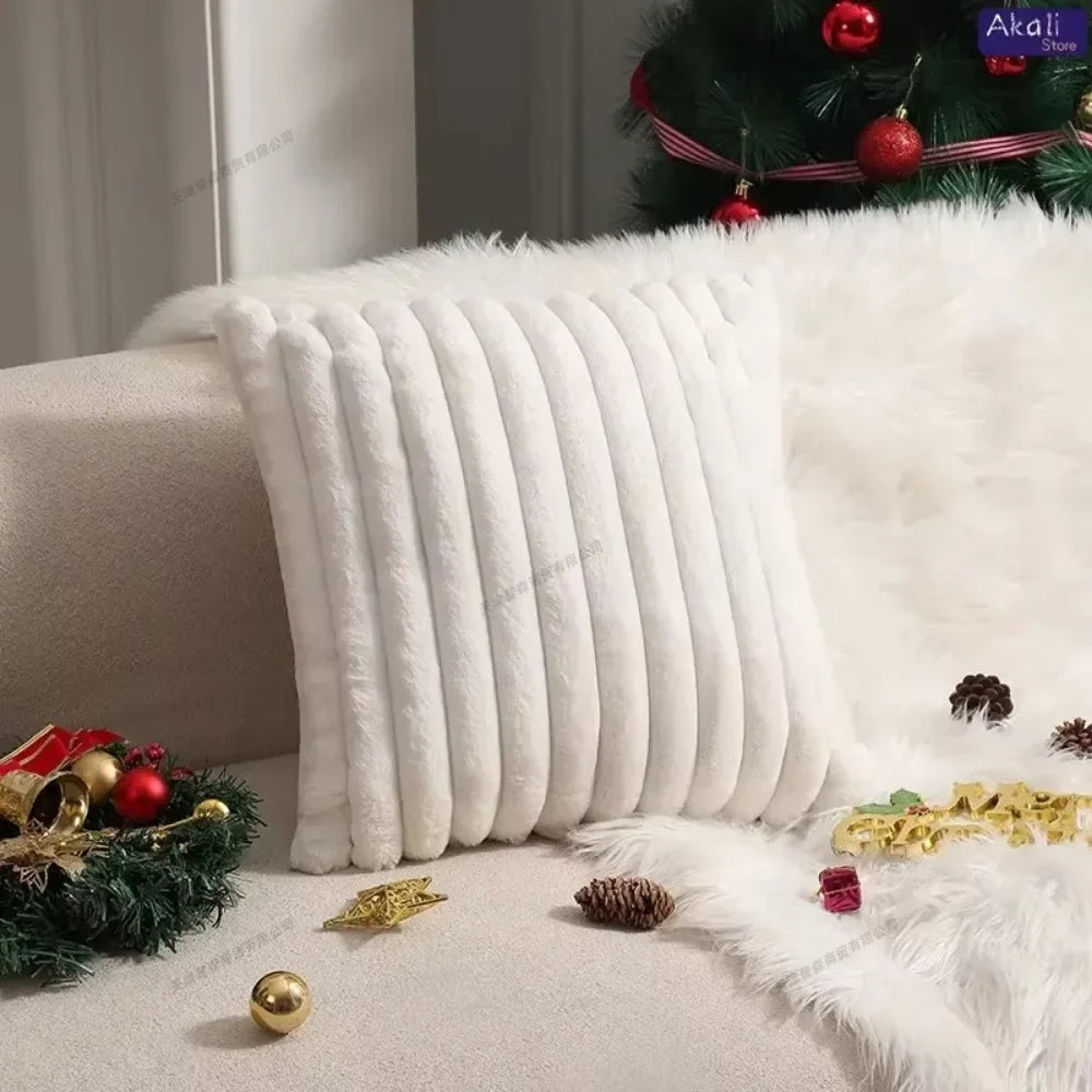Housse de coussin en fausse fourrure de lapin, housse de coussin moelleuse et douce à rayures, oreillers décoratifs, décoration de luxe pour canapé