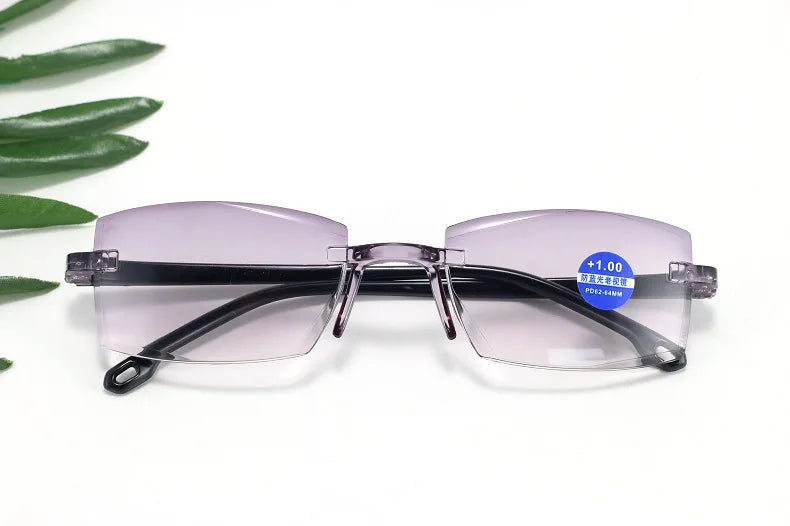 Lunettes de lecture anti-lumière bleue pour femmes, monture sans bords à découpe diamantée, pour hommes, anti-fatigue, hypermétropie, presbytie +1,5