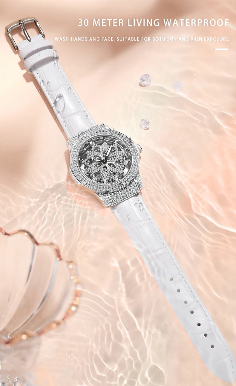 Beliebte Damenuhr mit modischem großem Zifferblatt, wasserdichte Pentagramm-Uhr für Mädchen, rotierende Hohluhr mit Schneeflocken für Damen