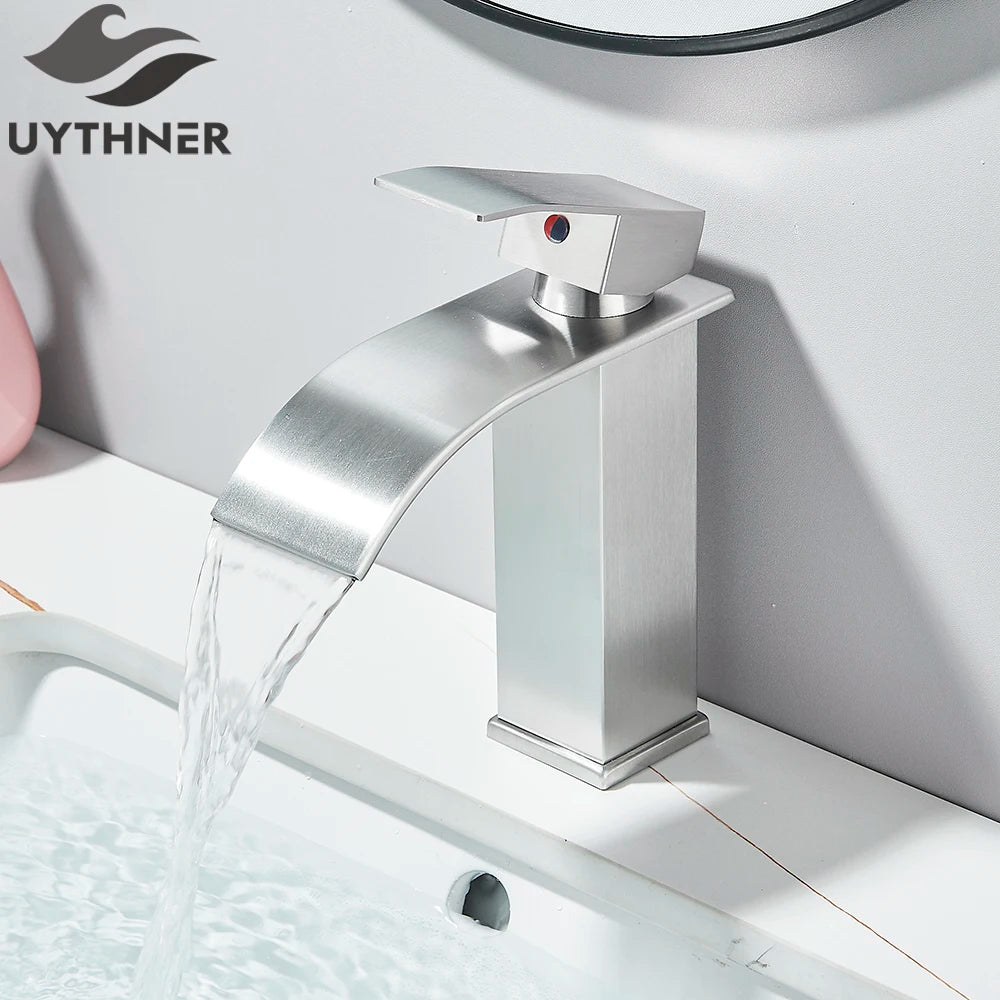 Robinet de Lavabo Doré Brossé, Élégant Robinet Cascade pour Salle de Bain, Mitigeur Monocommande en Laiton à Fixation sur Plan