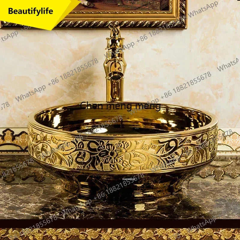 A17 Éviers de Salle de Bain de Luxe Dorés Céramique Maison Lavabo Créatif Toilettes Rondes Au-dessus du Comptoir Simple Salle de Bain Accesoire
