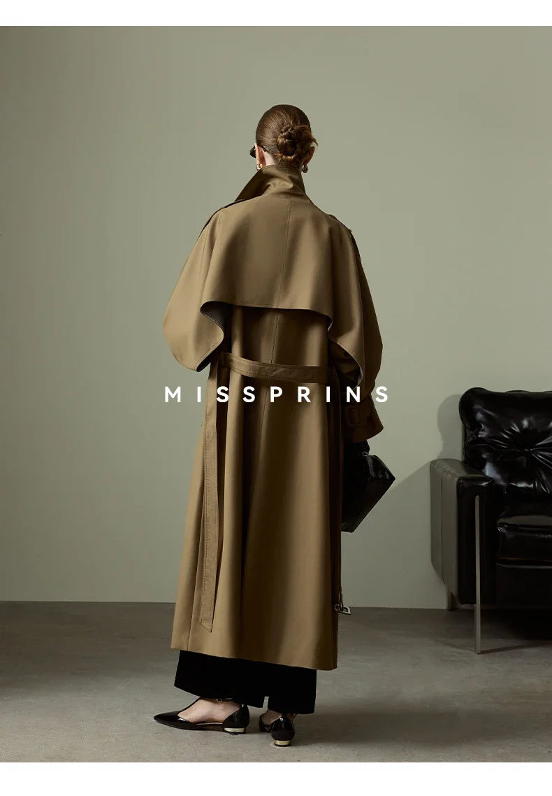 Lautaro Frühling Herbst Langer Khaki Trenchcoat für Damen Gürtel Zweireiher Schick Luxus Designer Europäische Mode Kleidung 2025