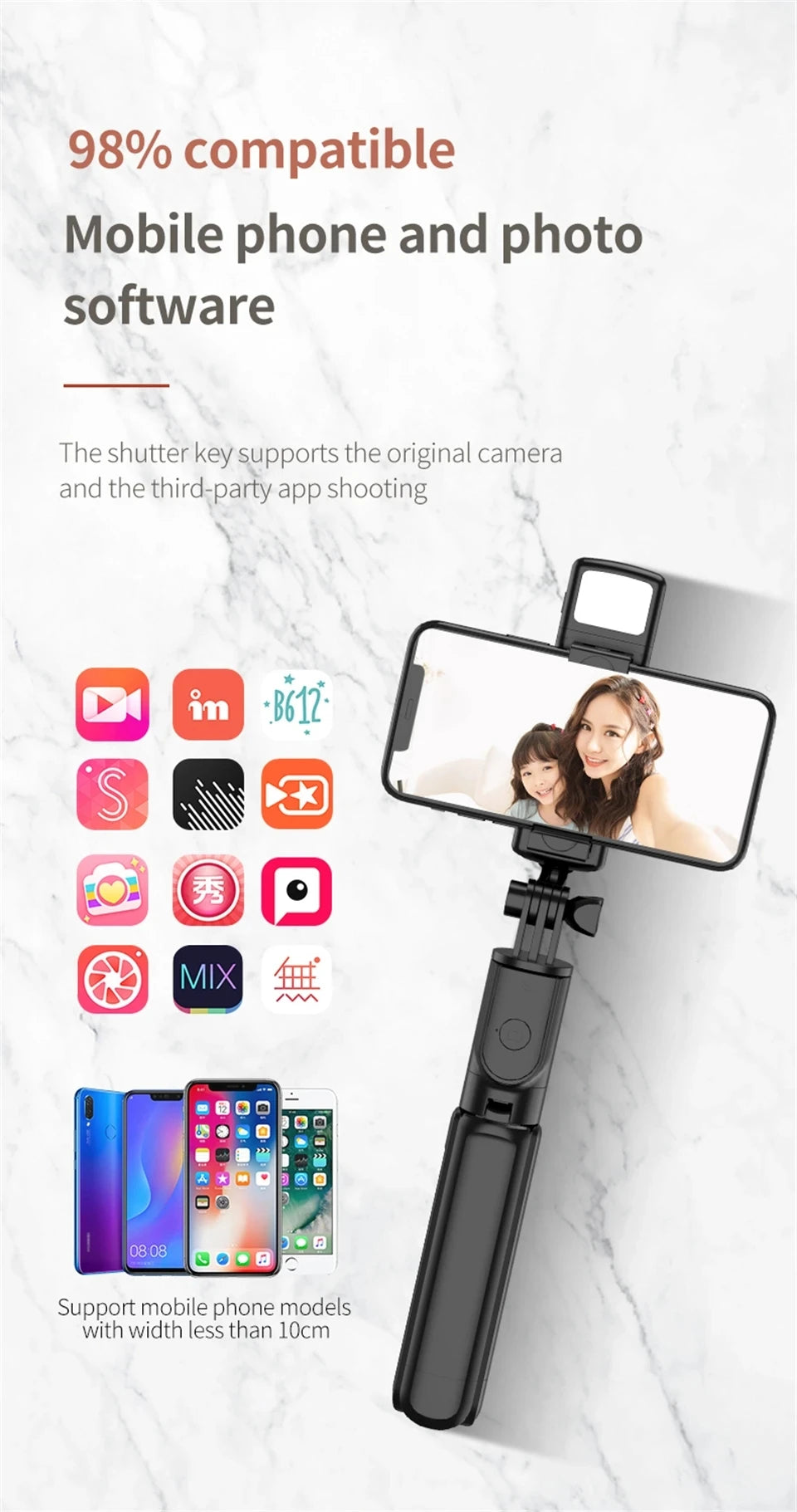 MEUYAG Tragbares, faltbares Selfie-Stick-Stativ mit Aufhelllicht und kabelloser Bluetooth-Fernbedienung für Telefone