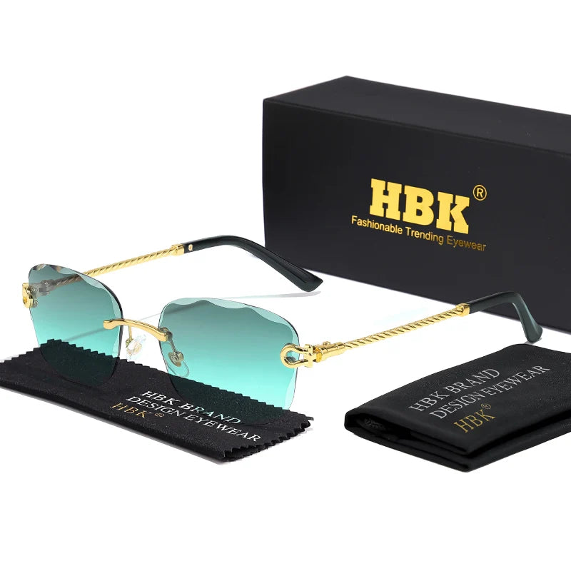 HBK Rahmenlose Metall Sonnenbrille Herren Wellenform geschnitten Sonnenbrille für Damen Reise Shopping Brille UV400 Sommer Stil