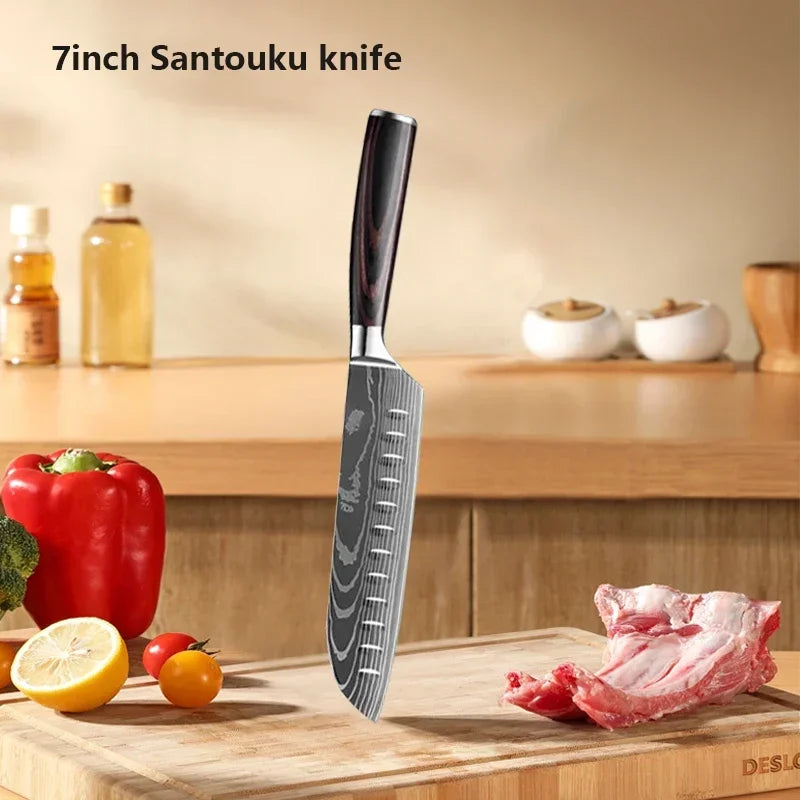 Couteau de Chef Damas Ensemble de Couteaux de Cuisine Professionnels Couteau à Désosser Couteau de Boucher Couteau Utilitaire Couteau Santoku Japonais avec Housse